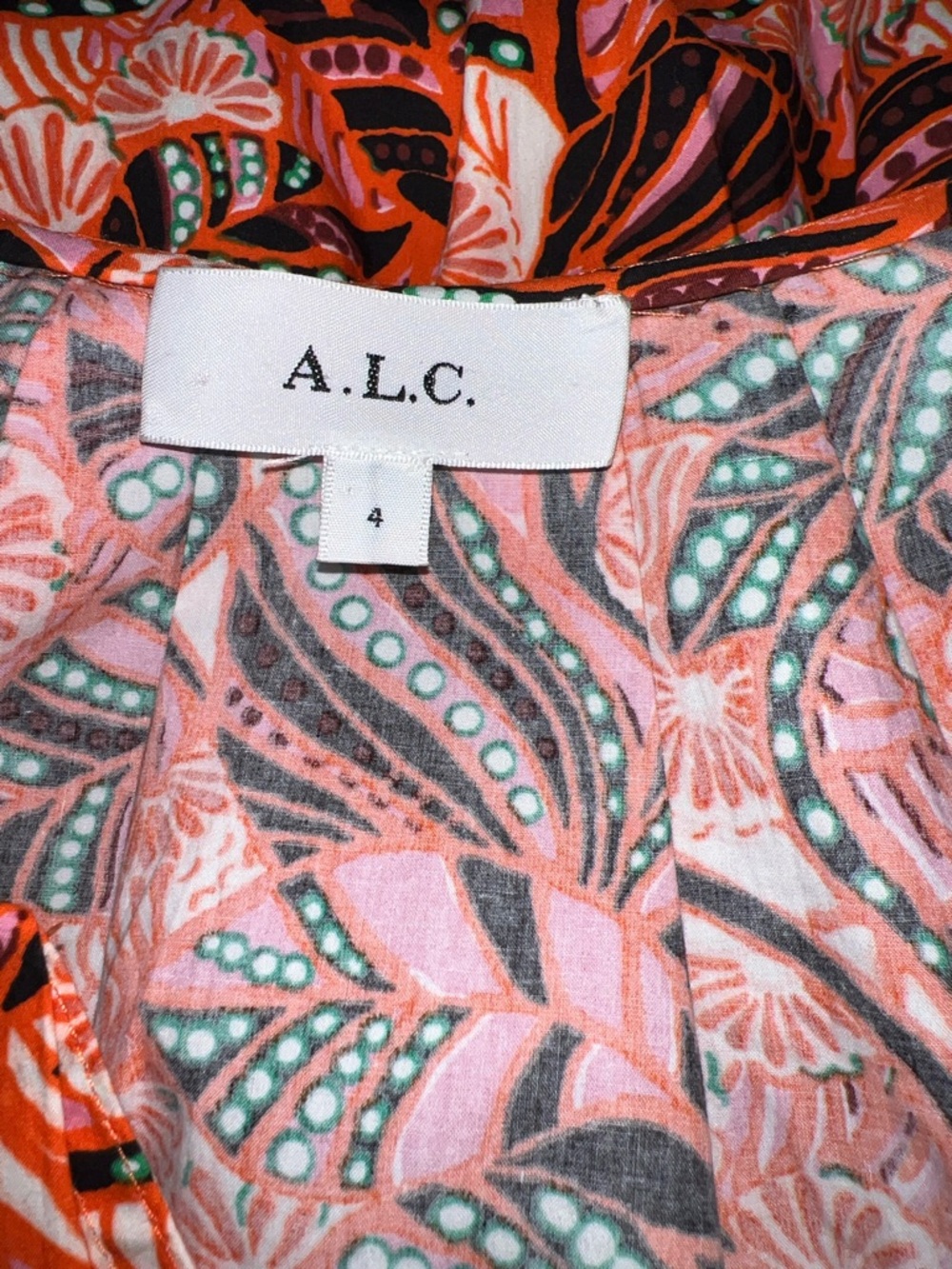 A.L.C. Alice dress orange-Pink Print V-Neck Drawstring Mini Dress size 4 - Picture 9 of 11